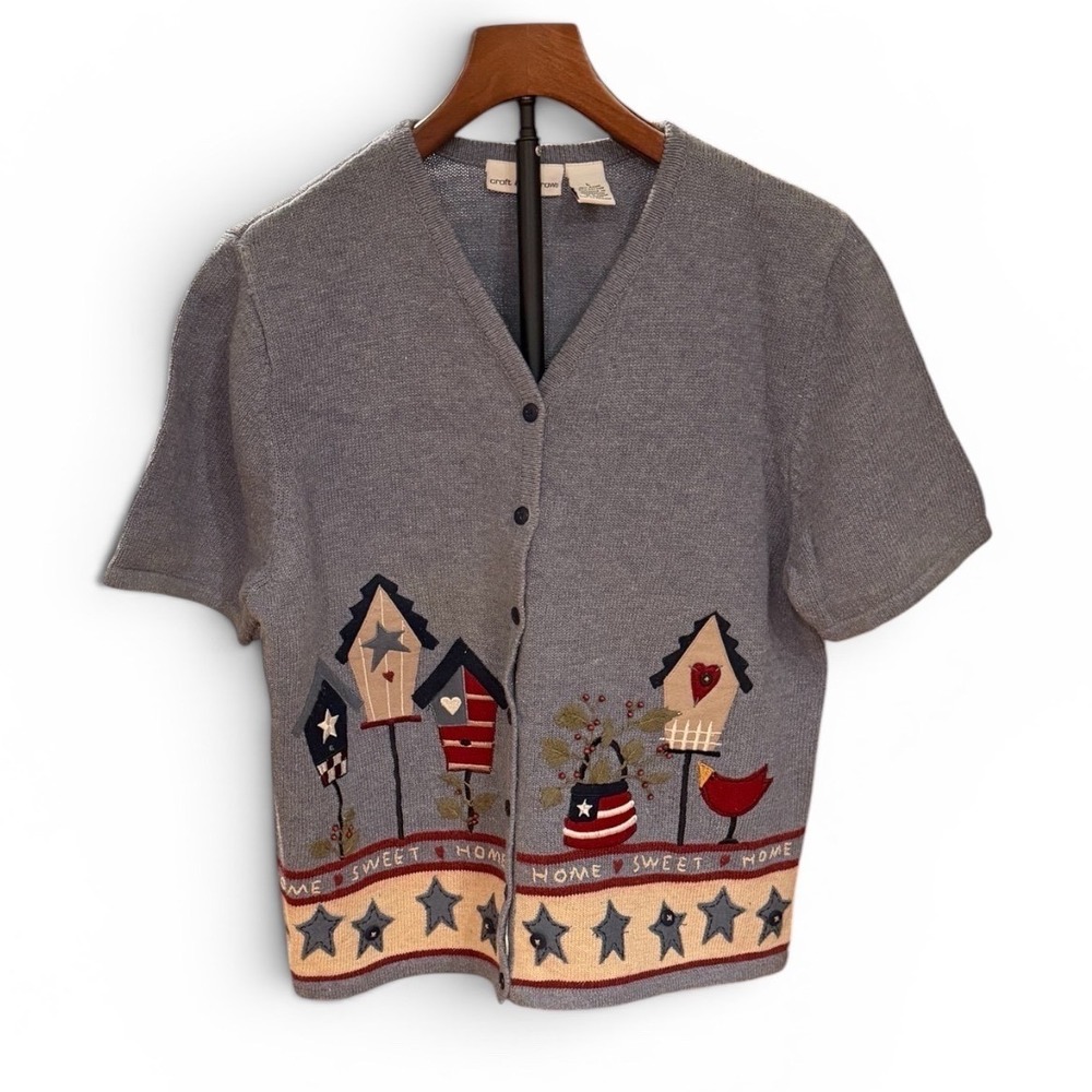 Croft & Barrow L slate‎ Birdhouse Embroidered Short Sleeve Cardigan Sweater Sz L